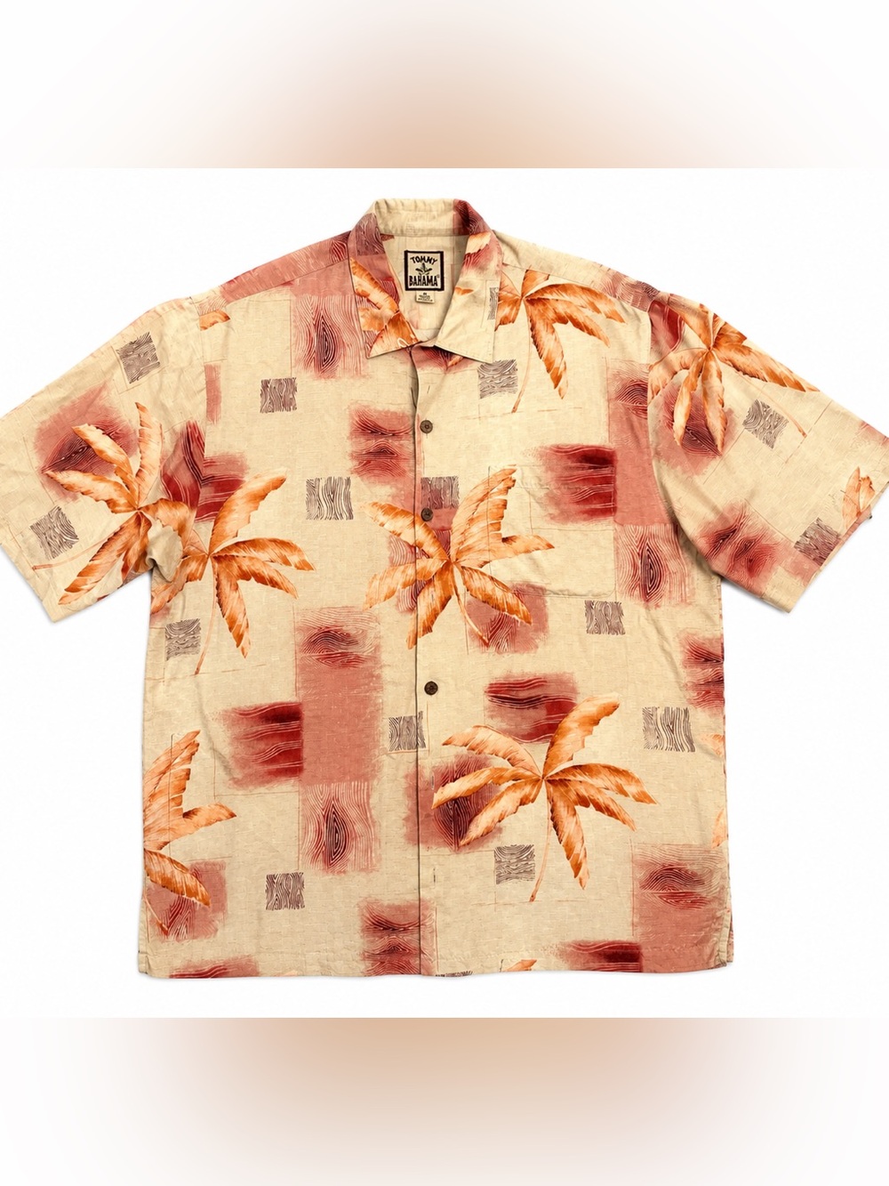 Tommy Bahama Beige Camp Shirt with Orange Palm Print